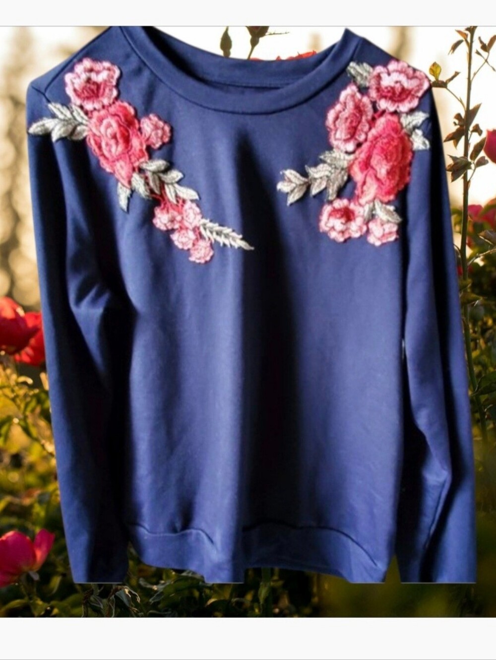 Blue Floral Embroidered Sweatshirt Romwe